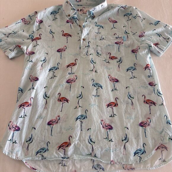 CHUBBIES SHIRT MENS LRG COTTON SS LT BLUE BUTTON CASUAL FLAMINGO TROPICAL HAWAII - Picture 4 of 13